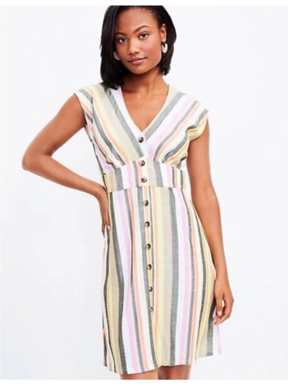 LOFT Pastel Multi-Stripe V-Neck Button-Front Midi Dress